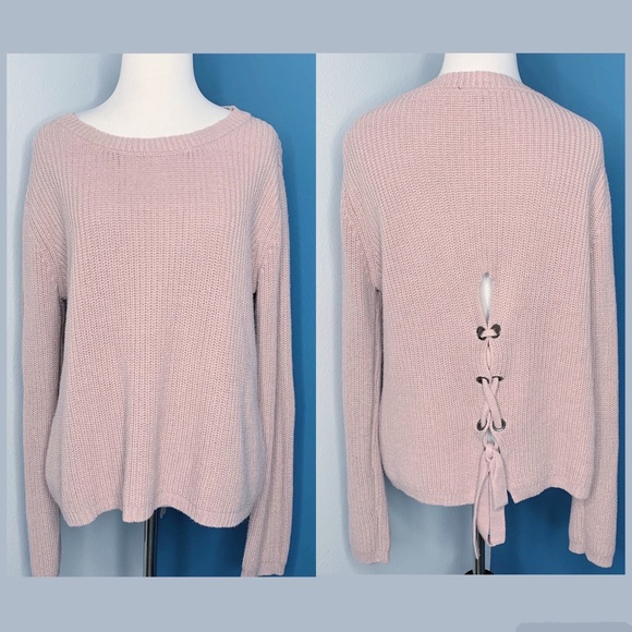 moon & madison Sweaters - Moon & Madison Pink Ribbed Knit Lace Up Sweater L